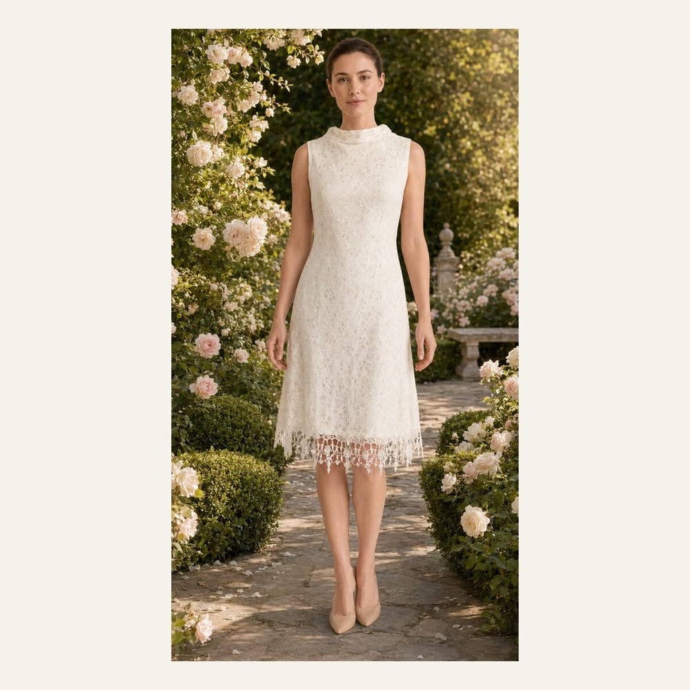 NWT Vintage High-Neck Ivory Lace Midi Dress